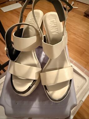 DKNY Cream Leather Wedge Sandals with Ankle Strap